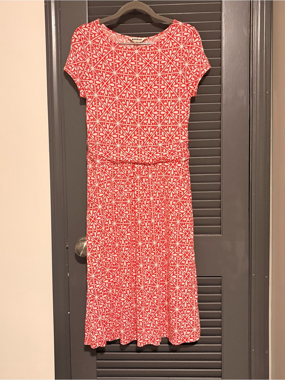 Boden Red and White Geometric Short-Sleeve Midi Dress
